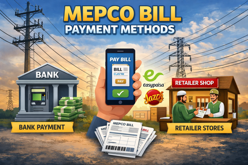 MEPCO bill payment methods including bank, Easypaisa, JazzCash and retail shops in Pakistan