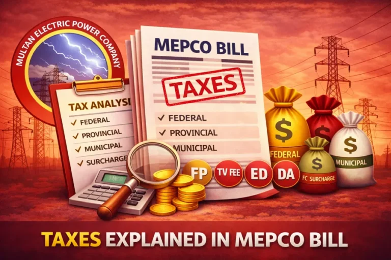 MEPCO bill taxes explained GST TV fee ED DA FC surcharge QTA