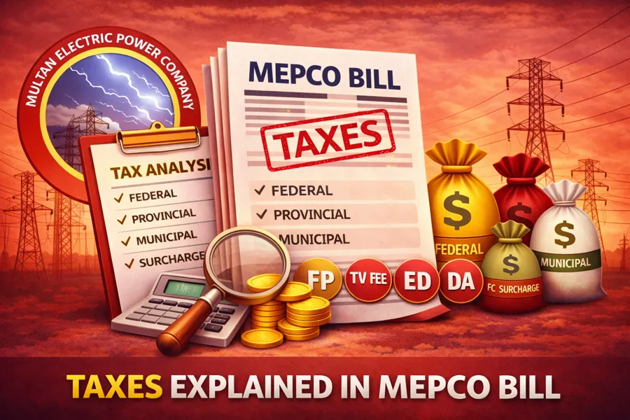 MEPCO bill taxes explained GST TV fee ED DA FC surcharge QTA