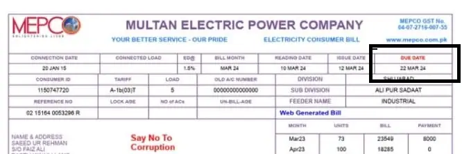 Due Dates and Late Fee Charges 2 Showing Due Date on Mepco Bill