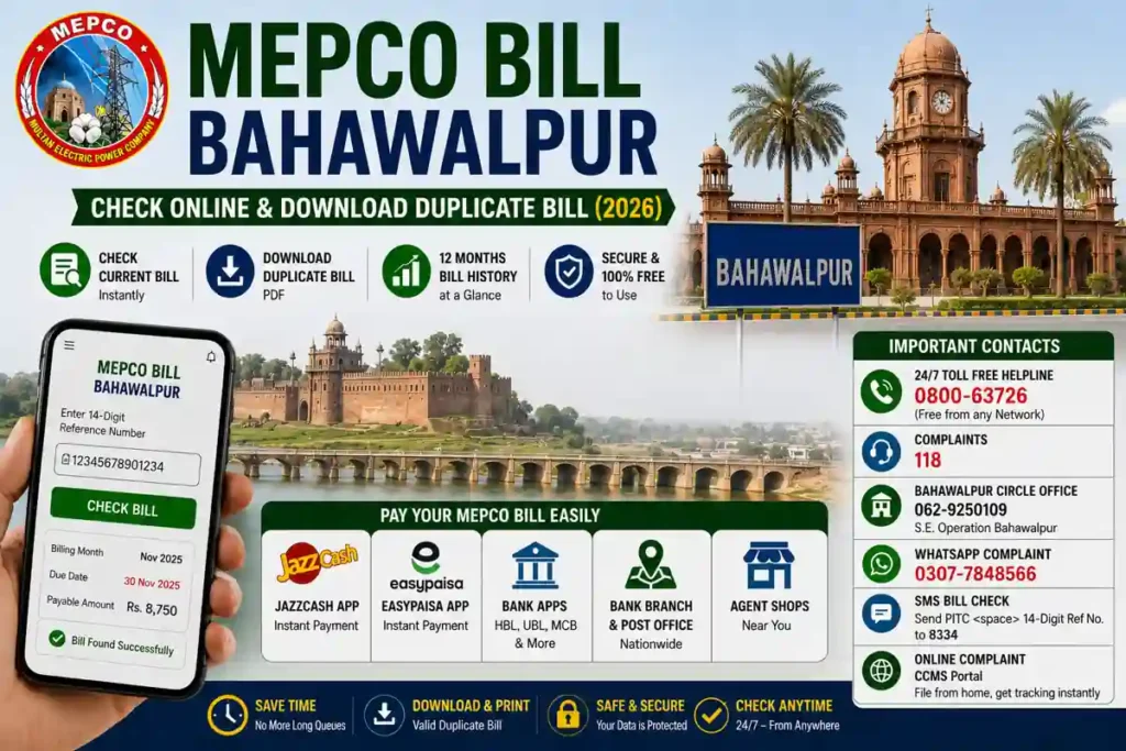 MEPCO Bill Bahawalpur online bill check and duplicate bill download guide 2026 featuring MEPCO logo, Bahawalpur landmark, electricity bill checker, payment methods, customer support contacts, and online complaint services.