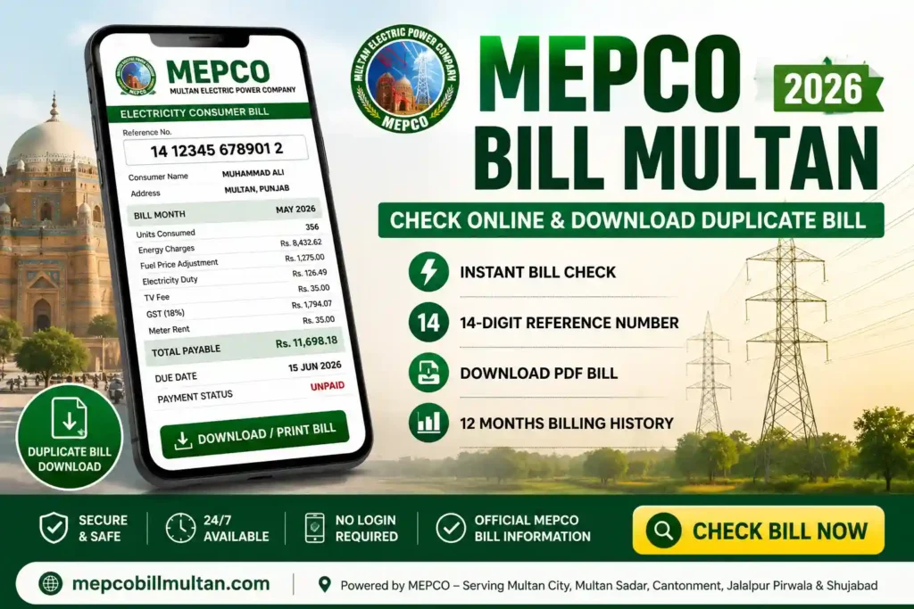 MEPCO Bill Multan 2026 online bill check and duplicate electricity bill download using 14 digit reference number