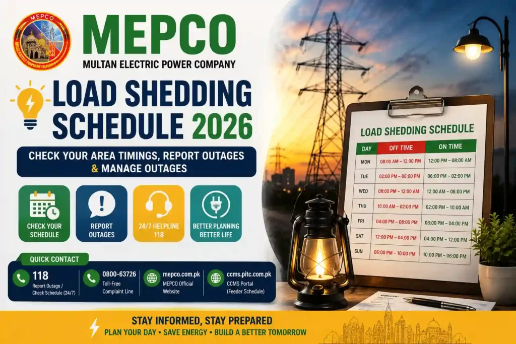 MEPCO Load Shedding Schedule 2026 1 MEPCO Load Shedding Schedule 2026 showing feeder schedule, outage reporting, helpline 118, CCMS portal, and electricity transmission lines in Pakistan.