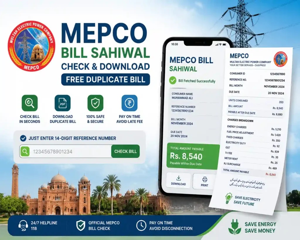 MEPCO Bill Sahiwal 2 MEPCO bill Sahiwal check and download duplicate bill online guide banner