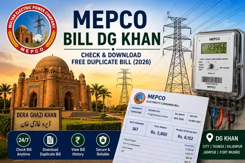 MEPCO Bill DG Khan 2 MEPCO Bill DG Khan 2026 – Check and download duplicate electricity bill online with MEPCO logo, Dera Ghazi Khan landmark, electricity meter, power transmission towers, and bill details.